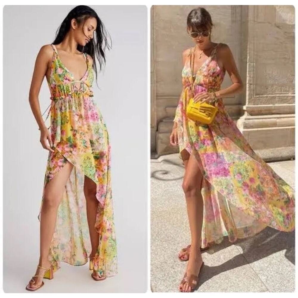 For Love and Lemons Floral Chiffon Asymmetric Madison Maxi Dress Size XL NWT